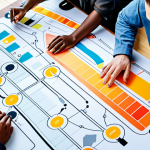 **Product Vision:** A vibrant illustration depicting a diverse team collaborating around a digital roadmap leading to a futuristic product, emphasizing clarity, innovation, and user-centric design. The roadmap should highlight key milestones and strategic goals.