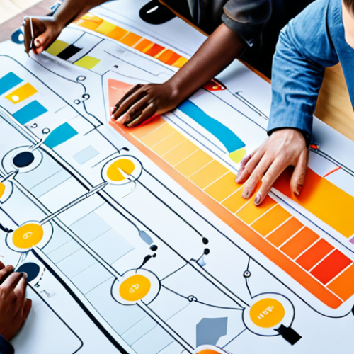 Home 6 **Product Vision:** A vibrant illustration depicting a diverse team collaborating around a digital roadmap leading to a futuristic product, emphasizing clarity, innovation, and user-centric design. The roadmap should highlight key milestones and strategic goals.