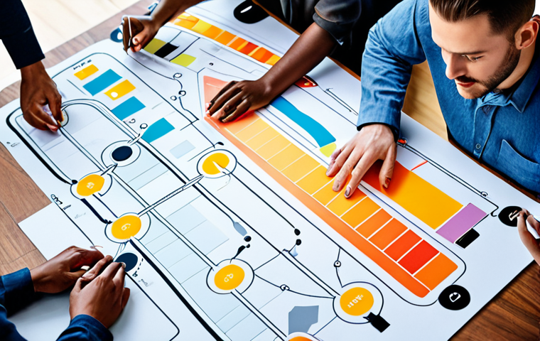 **Product Vision:** A vibrant illustration depicting a diverse team collaborating around a digital roadmap leading to a futuristic product, emphasizing clarity, innovation, and user-centric design. The roadmap should highlight key milestones and strategic goals.