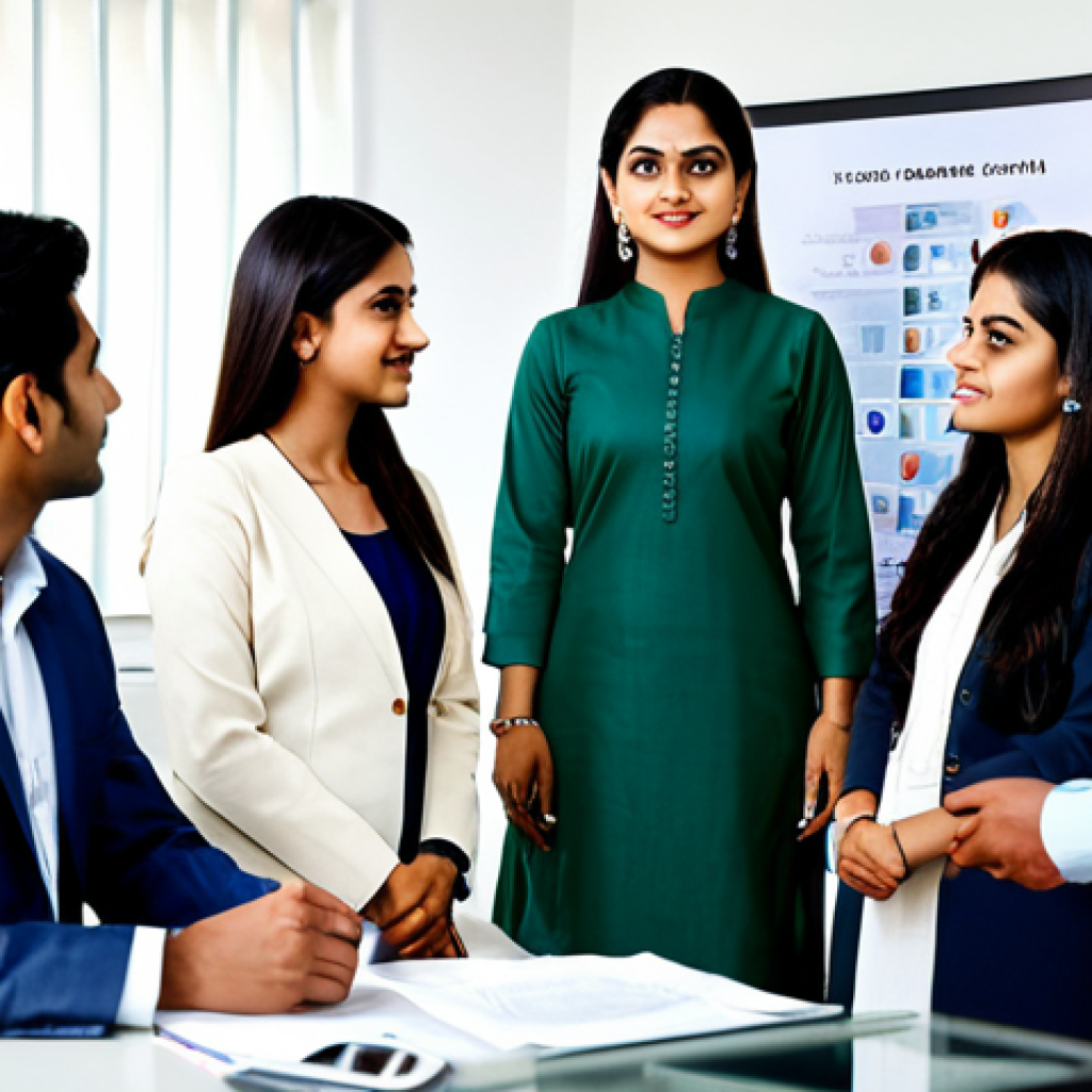 Modern Business Leader**

"A confident professional, fully clothed in a stylish salwar kameez, leading a meeting in a modern office, appropriate attire, safe for work, perfect anatomy, natural proportions, professional photography, high quality. Background: diverse team, motivational posters in Hindi script."

**