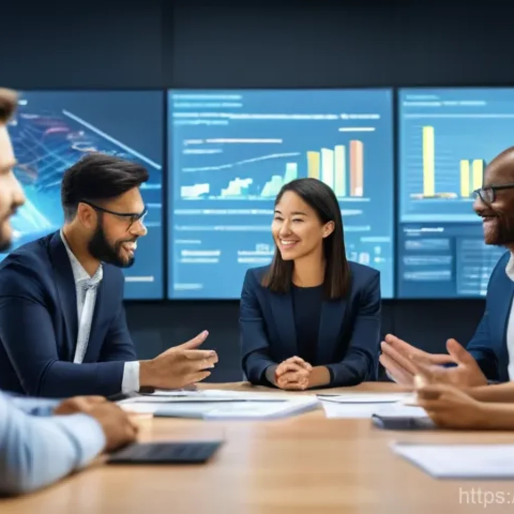 프로젝트 리더십 기술과 성공 사례 - **Prompt:** A diverse team of 6-7 professionals (men and women of various ethnicities and ages from ...