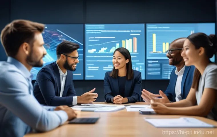 프로젝트 리더십 기술과 성공 사례 - **Prompt:** A diverse team of 6-7 professionals (men and women of various ethnicities and ages from ...