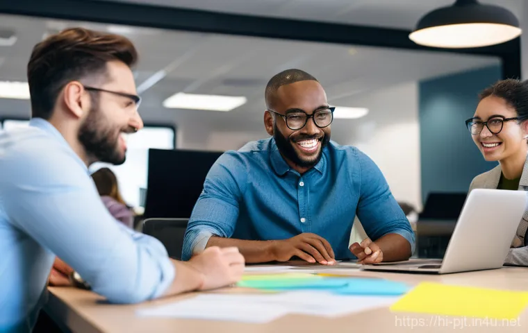 프로젝트 리더십 기술과 성공 사례 - **Prompt:** A diverse team of 6-7 professionals (men and women of various ethnicities and ages from ...