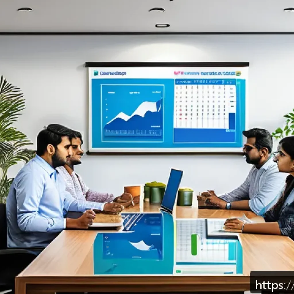 PM을 위한 리스크 분석 툴 - A modern office meeting room with a diverse Indian project team gathered around a large table, activ...