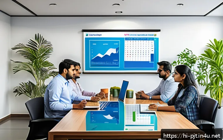 PM을 위한 리스크 분석 툴 - A modern office meeting room with a diverse Indian project team gathered around a large table, activ...