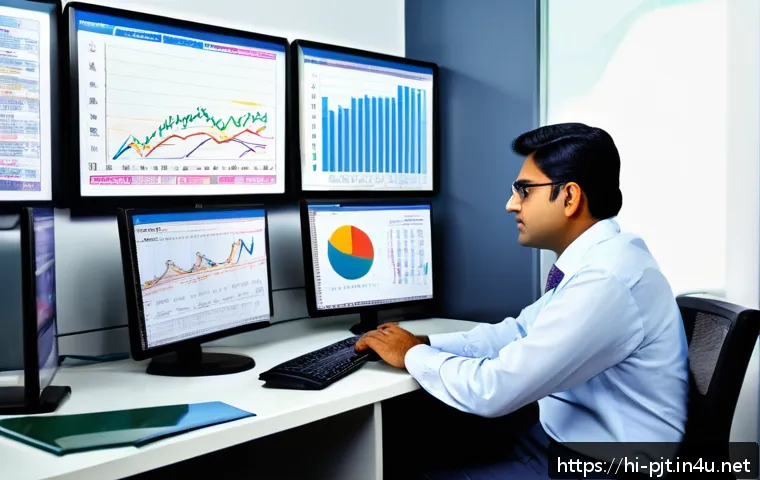 프로젝트 매니저가 알아야 할 경제 트렌드 - A professional Indian project manager analyzing complex monetary policy charts and graphs on multipl...